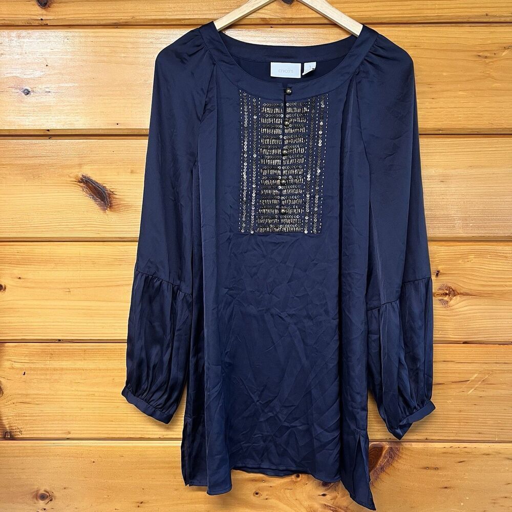 Chicos Navy Satin Beaded Bib Tunic Medium Long Sleeve Blouse Chicos Sz 1